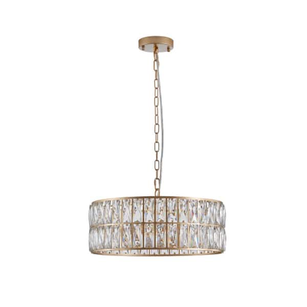 6-Light Pendant Gold Metal Base Crystal Drum Chandelier with Adjustable Chain for Living Room, Dining Room, and Bedroom