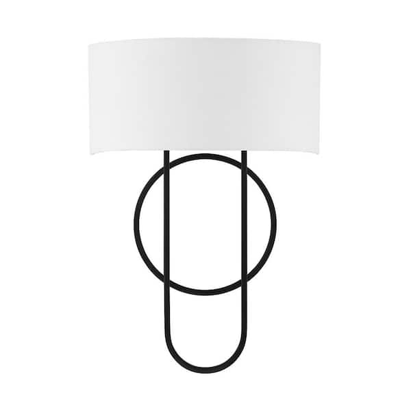 Savoy House Tempe 12 in. W x 17 in. H 2-Light Matte Black Modern Wall Sconce with White Linen Shade
