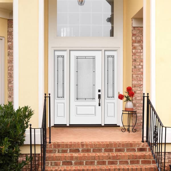 60 in. x 80 in. Left-Hand 3/4 Lite Decorative Glass Wendover Modern White Fiberglass Prehung Front Door w/Sidelites