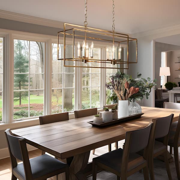 Modern 31.9 in. 8-Light Plating Brass and Flat White Candlestick Chandelier with Open Cage Shade Kitchen Island Pendant