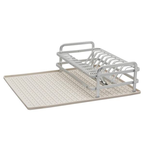 ta da 13.22 in. x 8.62 in. Compact Dish Rack in Brushed Aluminum with Drysmart Silicone Mat in Light Grey