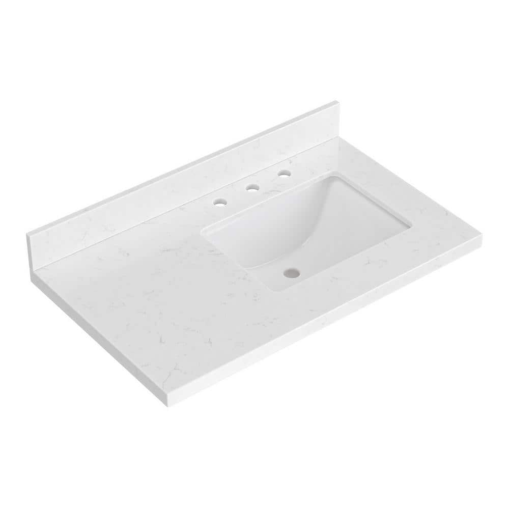 36 in. W. x 22 in. D in Carrara White Quartz with 1.5 in. Thick Milter Edge with Rectangle Single Sink Vanity Top White -  ARIEL, CQ-36R-CT-RS