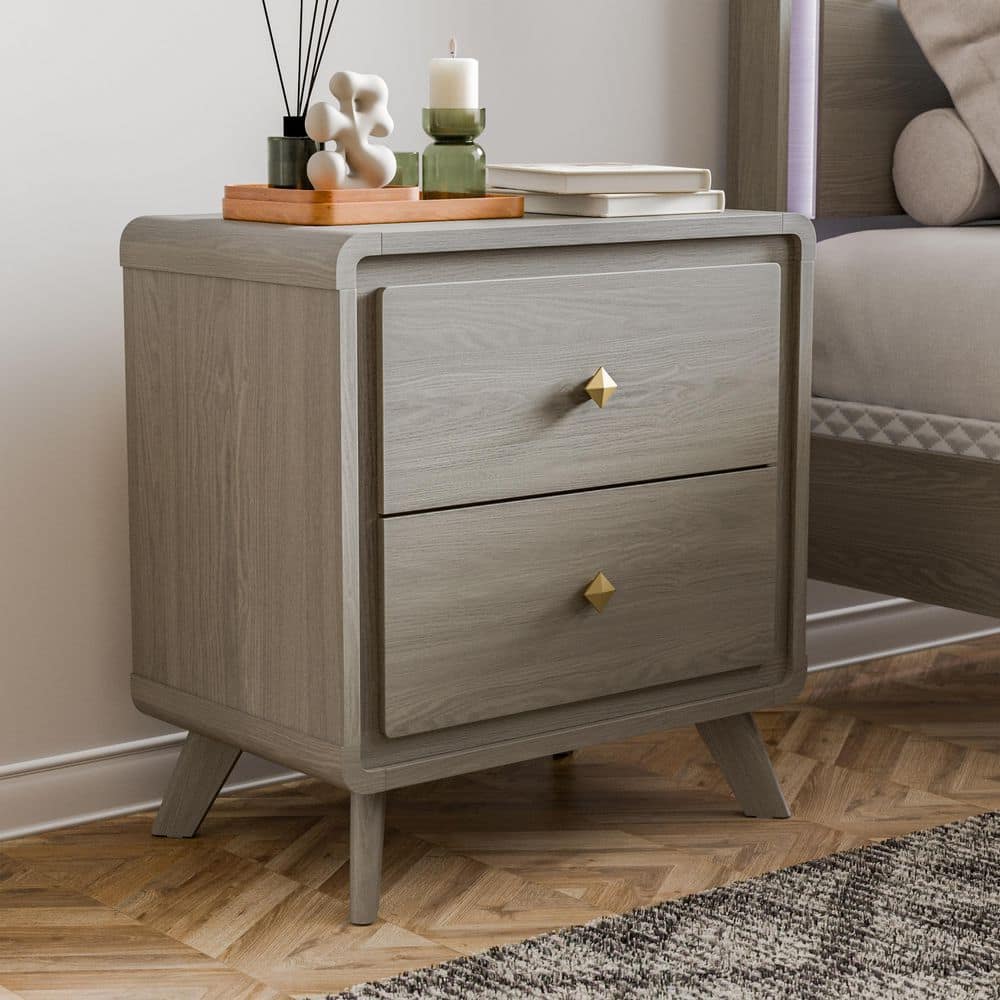 Furniture of America Sander Gray 2-Drawer 25 in. W Nightstand with Gold ...