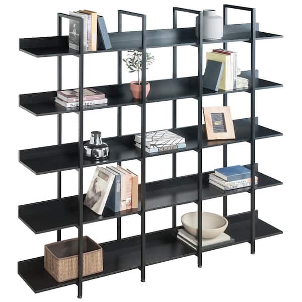 Siavonce 11.81 in. W x 70.87 in. H x 70.87 in. D Black 5 Tier Metal Frame Bookcase Home Office Open MDF Board Bookshelf