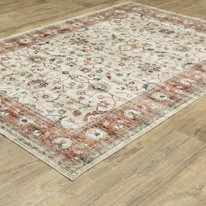 Summit Ivory/Rust 8 ft. x 10 ft. Traditional Oriental Border Polyester Machine Washable Indoor Area Rug