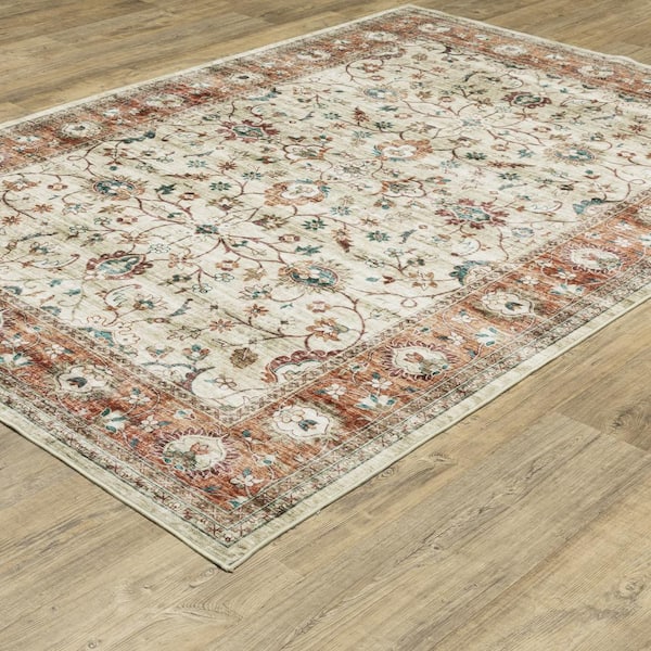 Summit Ivory/Rust 8 ft. x 10 ft. Traditional Oriental Border Polyester Machine Washable Indoor Area Rug