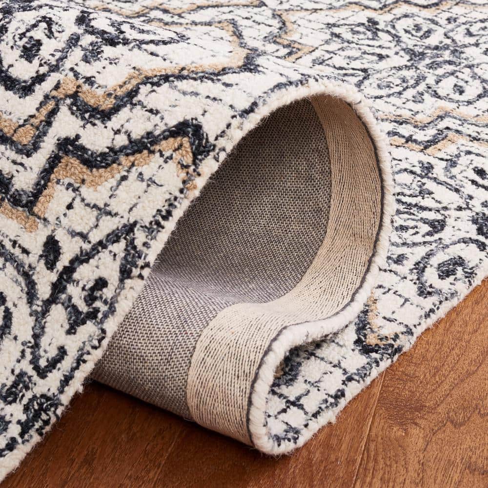 Ivory and Navy Abstract Handmade Wool Area Rug