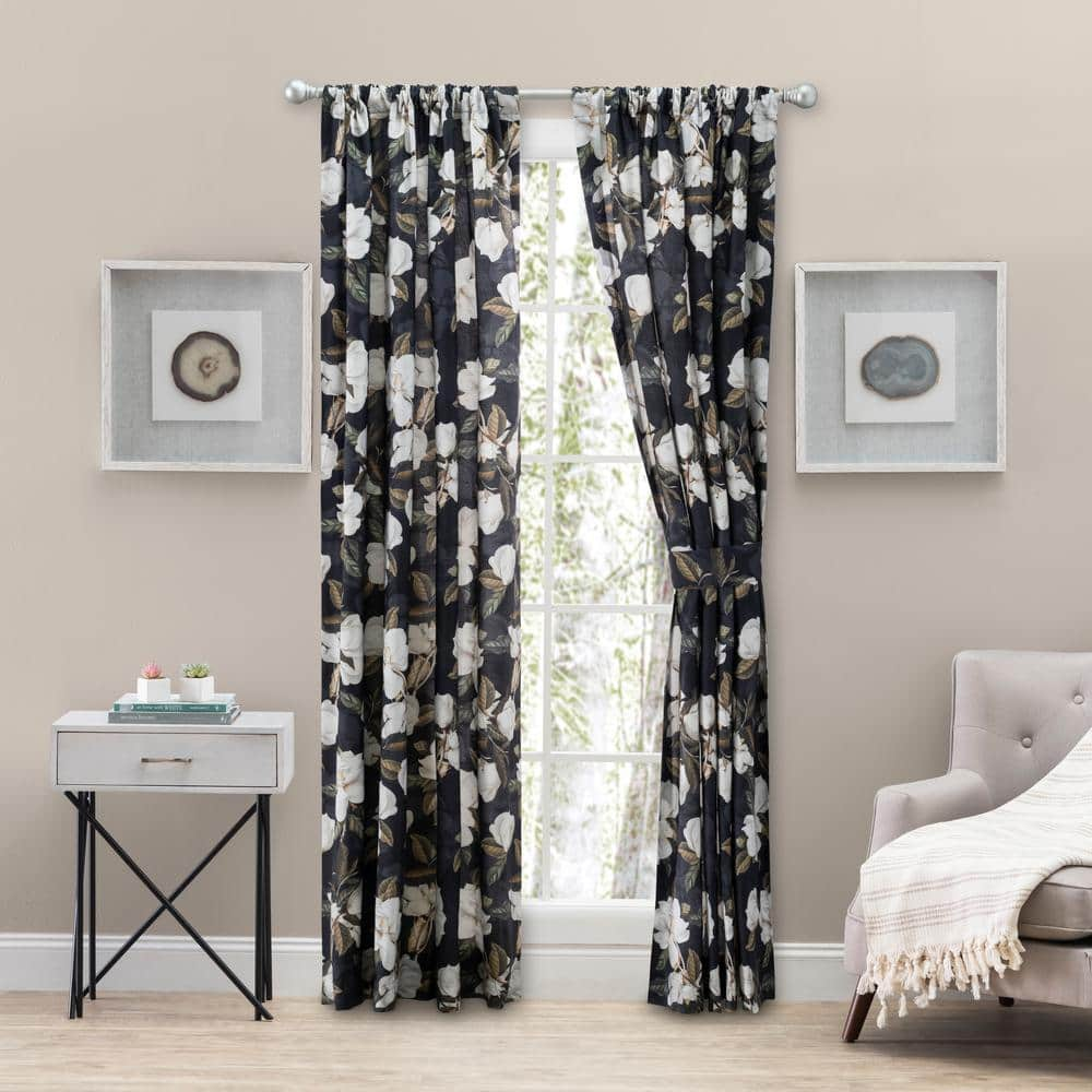 Ellis Curtain Magnolia Black Floral Cotton Lined 100 in. W x 63 in. L ...