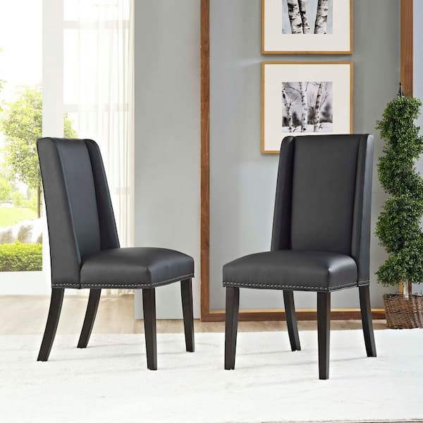 MODWAY Baron Modern Tall Back Wood Vegan Leather Upholstered Two Dining Chairs in Black