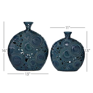 16 in., 13 in. Blue Ceramic Floral Decorative Vase with Cut Out Patterns (Set of 2)