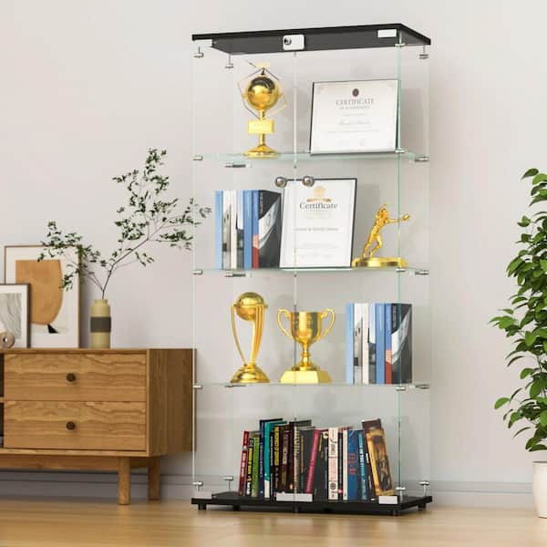 Two-Door Black 64.56 in. Glass Display Cabinet with 4-Shelves, Floor-Standing Curio Bookshelf for Home and Office
