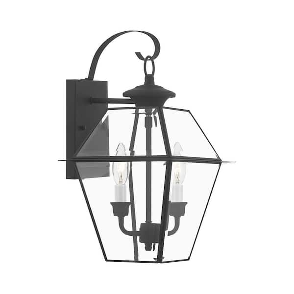 Ainsworth 16.5 in. 2-Light Black Outdoor Hardwired Wall Lantern Sconce with No Bulbs Included