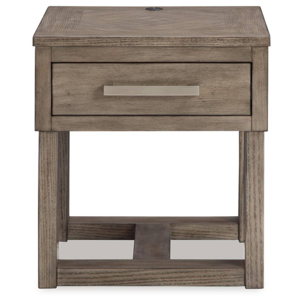 Transitional Brown and White Wood End Table with Storage and USB Charging