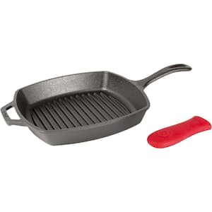 10.5 in. Cast Iron Pre-Seasoned and Ready-to-use Square Grill Pan in Black with Red Silicone Hot Handle Holder