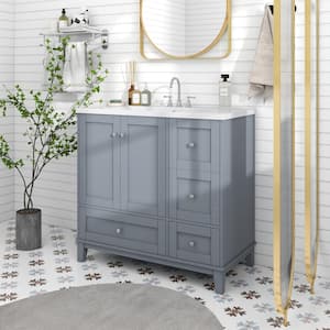 36.00 in. W x 18.00 in. D x 34.30 in. H Modern Bath Vanity in Gray Blue with USB Charging,2 Doors ,3 Drawers,Single Sink
