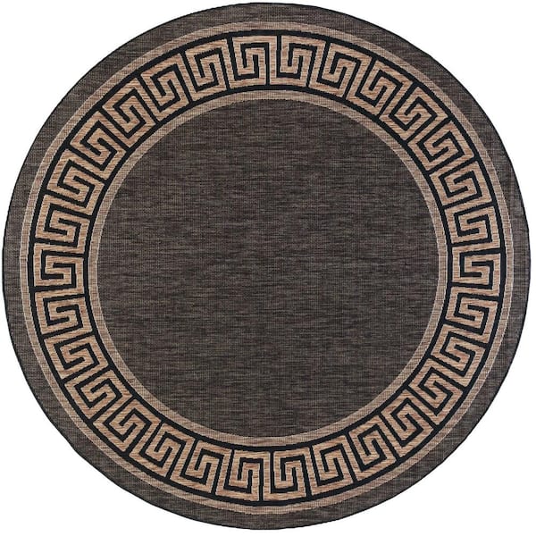 Tayse Rugs Eco Black 8 ft. Round Geometric Indoor/Outdoor Area Rug