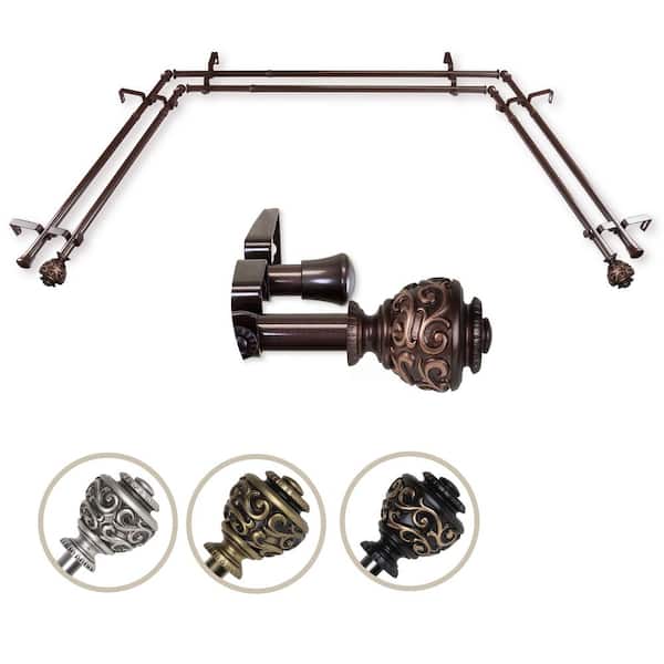 EMOH 13/16" Dia Adjustable Bay Window Double Curtain Rod 20 to 36", 38 to 72" in Cocoa with Diana Finials