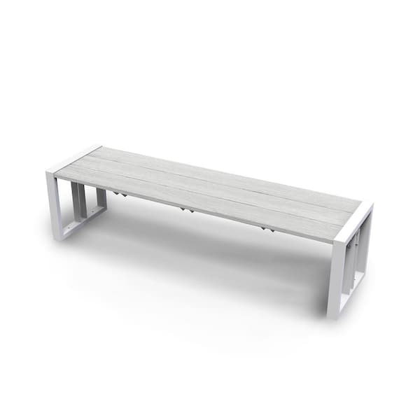 NewTechWood Matte White Aluminum Frame 59.06 in. Composite Outdoor Garden Bench in Icelandic Smoke White
