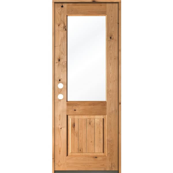 Krosswood Doors 36 in. x 96 in. Rustic Knotty Alder Wood Clear Low-E Half-Lite Clear Stain/V-Groove Right Hand Single Prehung Front Door