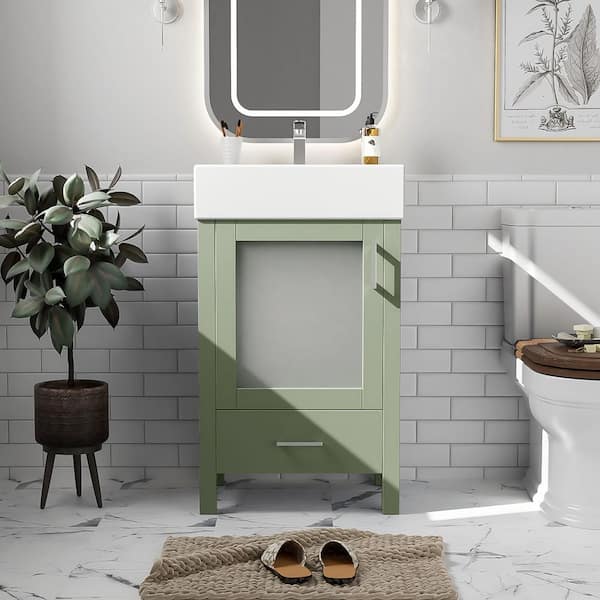 20.28 in. W Single Sink Freestanding Bath Vanity in Green with White Ceramic Top, 1 Doors and 1 Drawers