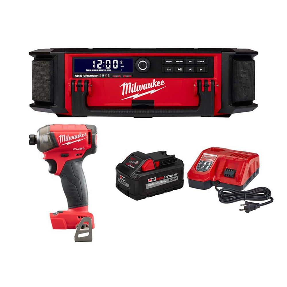 M18 18-Volt Lithium-Ion Cordless PACKOUT Radio/Speaker w/Built-In Charger and SURGE Impact Driver and 8.0Ah Starter Kit -  Milwaukee, 2950-20-2780