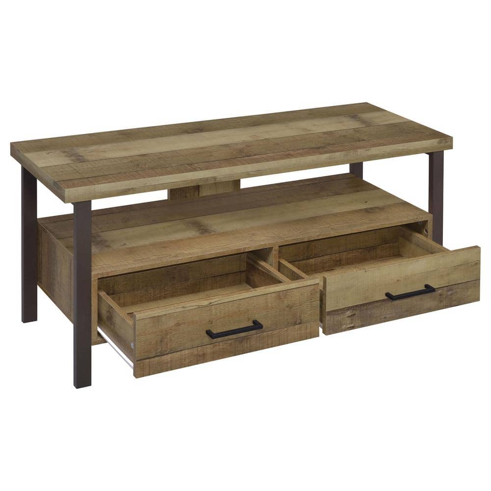 Transitional Weathered Pine TV Console with Black Legs and Storage Drawers