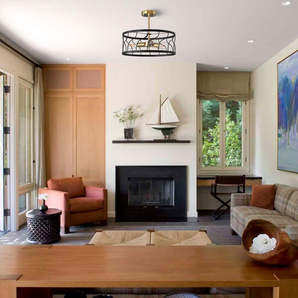Black and Gold Metal Drum Semi-Flush Mount Ceiling Light