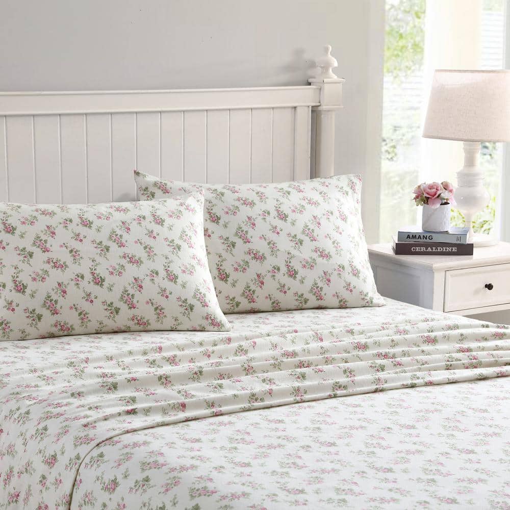 Audrey Pink Floral Cotton Flannel King Sheet Set