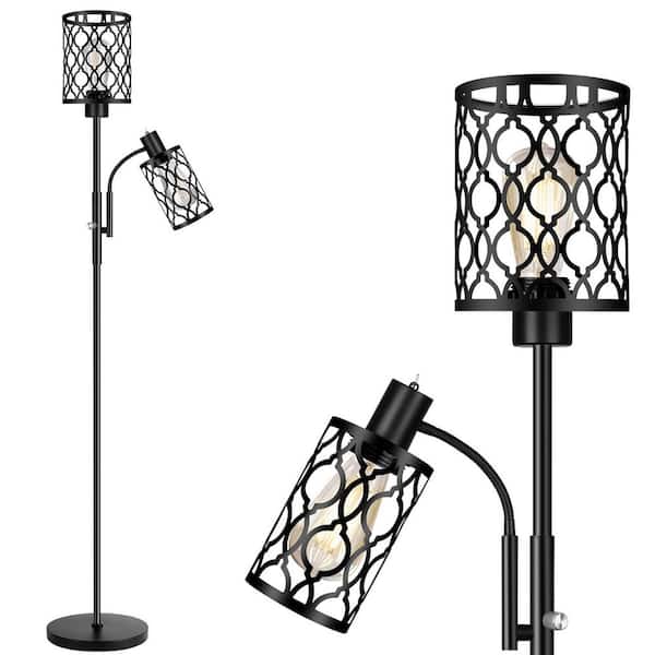 Rottogoon 72 in. Black Farmhouse Floor Lamps-2 Number of Bulbs Dimmable Tree Floor Lamp for Living Room, with Lantern Shade