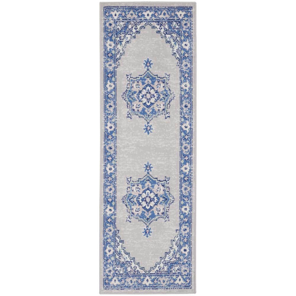 Grey Blue Floral Synthetic Runner Rug 2' x 8'
