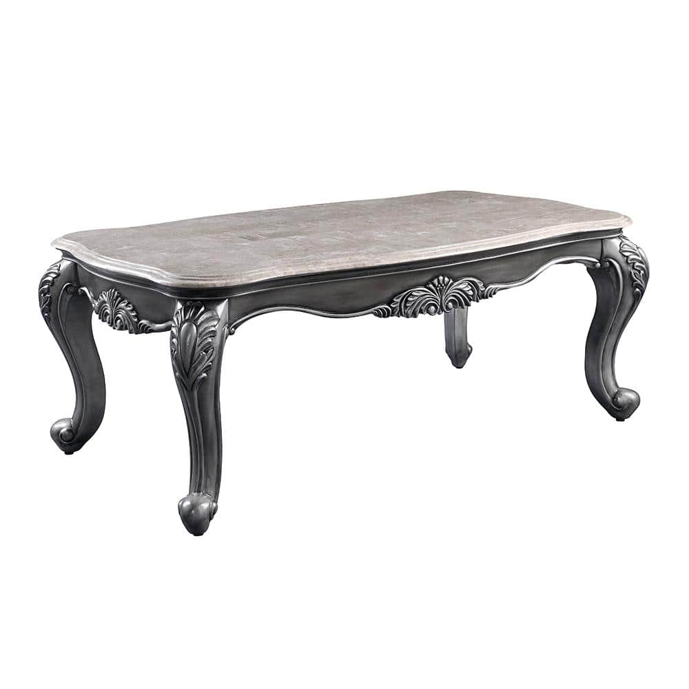 Platinum Gray Rectangular Marble Top Wooden Coffee Table