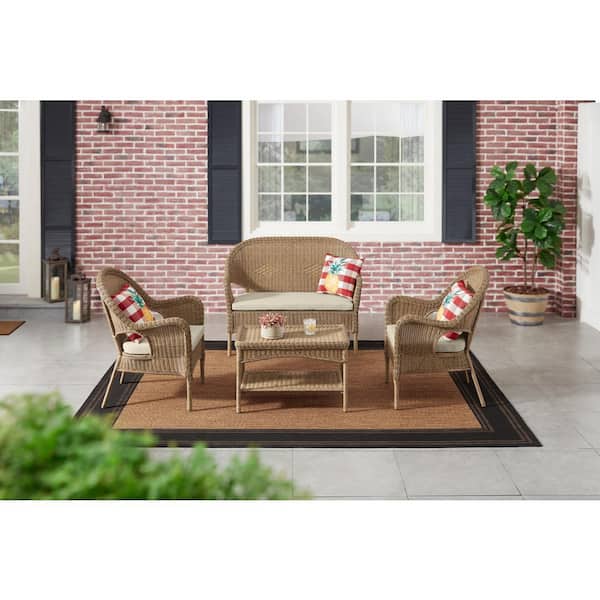 Hampton Bay Rosemont Light Brown Steel Wicker Stackable Outdoor Patio Loveseat with Putty Tan Cushion