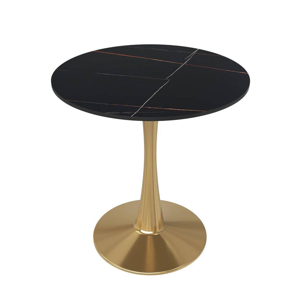 Bristol 27 in. Round Dining Table with Sintered Stone Top and Gold Steel Pedestal Base in Black