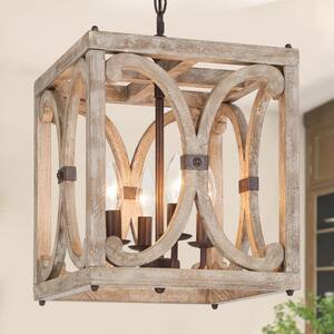Farmhouse Modern Wood Square Chandelier, 4-Light Rusty Brown Candlestick Cage Pendant Light for Dining Room, Kitchen