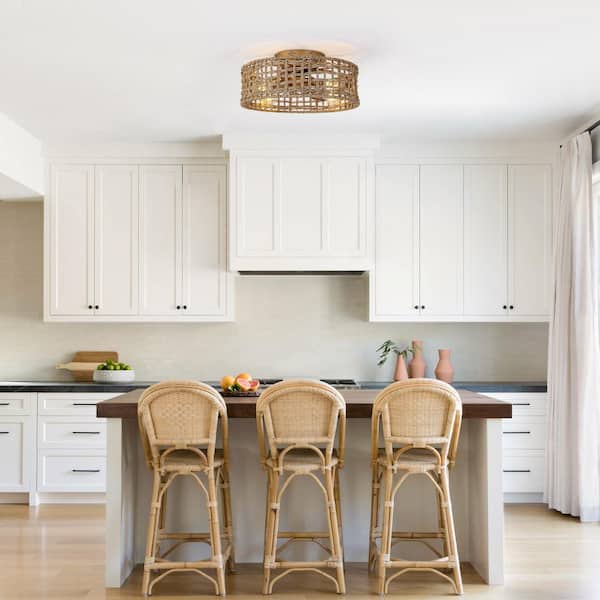 17.72 in. 4-Light Indoor Gold Flush Mount Hemp Rope Ceiling Fan with Light Kit and Remote Control