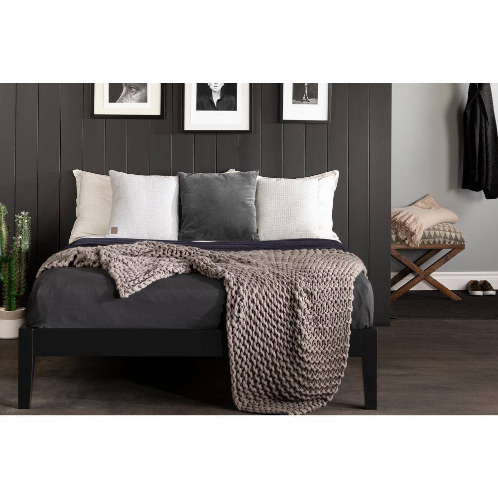 Black Full Solid Wood Platform Bed with Slats