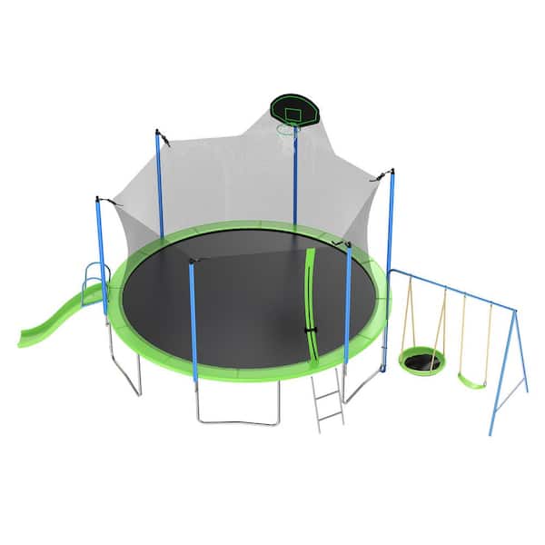 12 ft. Outdoor Green Trampoline with Slide and Swings