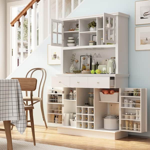FUFU&GAGA White Wood 44.1 in. W Buffet and Hutch Kitchen Cabinet With Drawers and Hidden Door Storage, Doors, Wine Storage