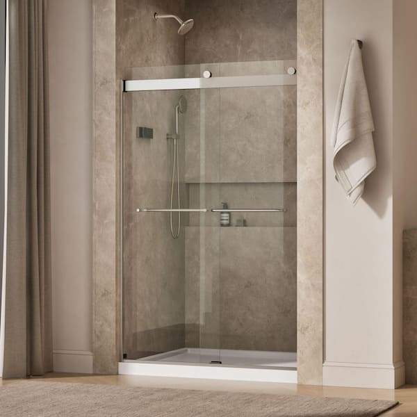 Levity 44-48 in.W x 74 in. H Semi Frameless Sliding Shower Door in Nickel with 1/4 in. Thick Clear Tempered Glass