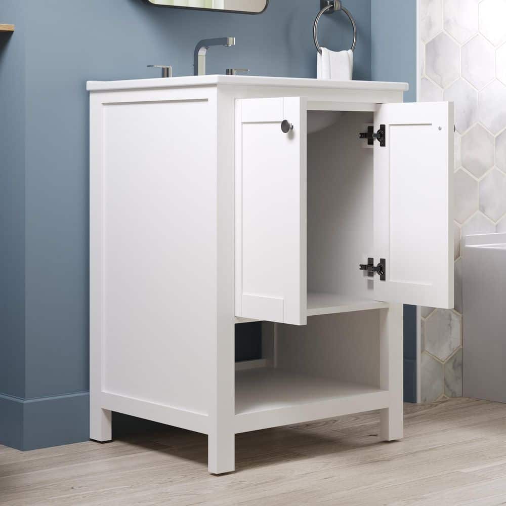 24" White Solid Wood Freestanding Bathroom Vanity with Ceramic Sink