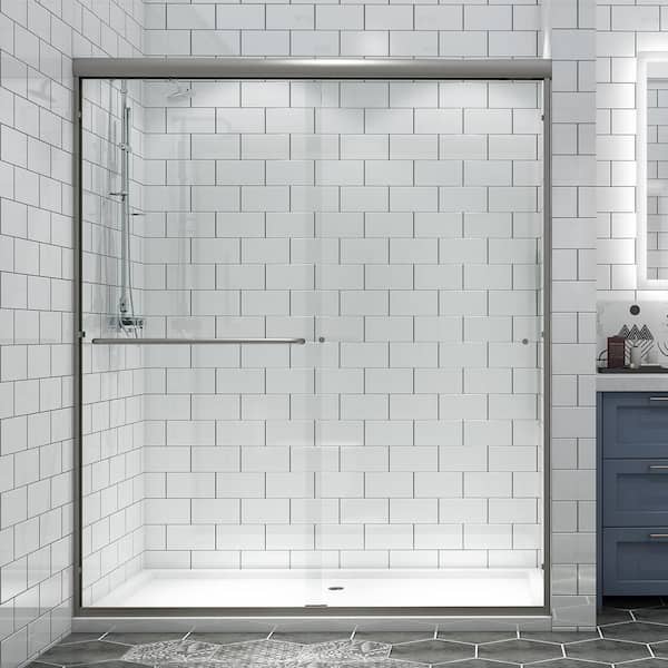 TOOLKISS 60 in. W x 70 in. H Sliding Framed Shower Door in Brushed Nickel with Clear Glass