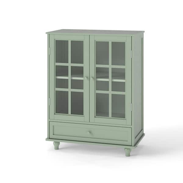 Minimalism Wooden Buffet : Double Glass Doors, Drawer in Green