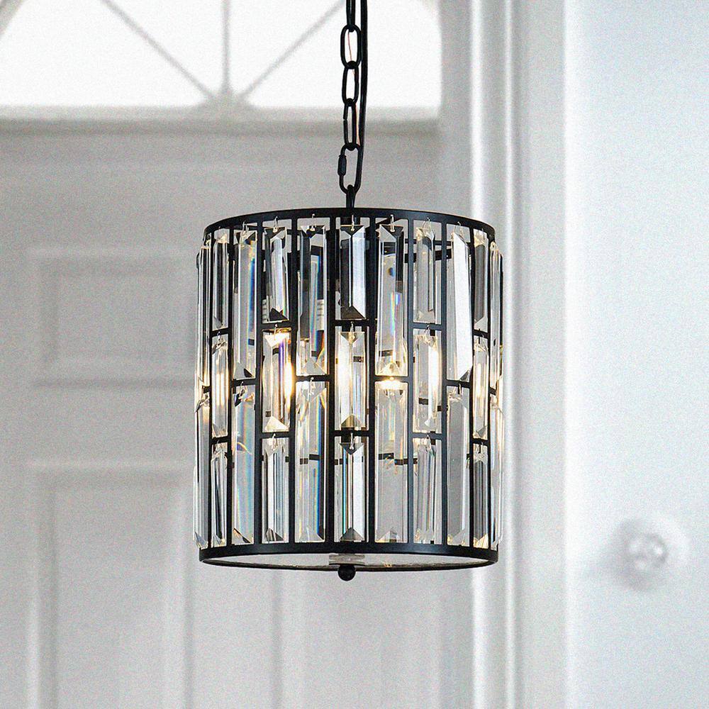 10 in. 3-Light Modern Mini Lantern Drum Pendant with Clear Crystal in Matte