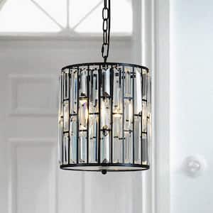 10 in. 3-Light Modern Mini Lantern Drum Pendant with Clear Crystal in Matte Black for Kitchen Island