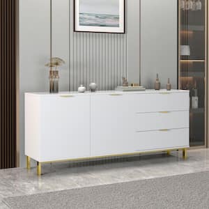 62.9 in. W White Paint Sideboard Kitchen Buffet Cupboard with Drawers and Shelves, Metal Legs