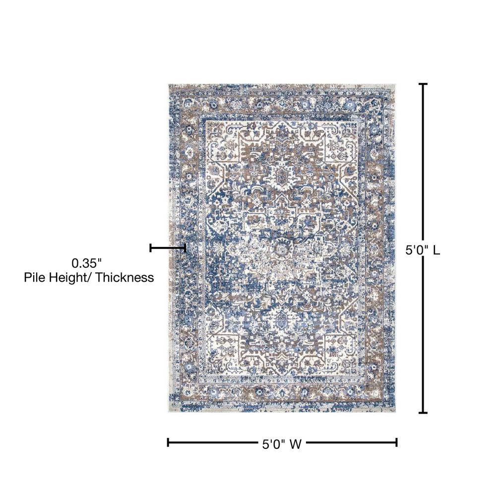 Reversible Medallion Light Blue 5' Square Synthetic Area Rug