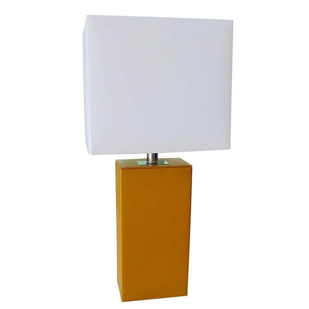 Tan Leather Desk Lamp with White Fabric Shade