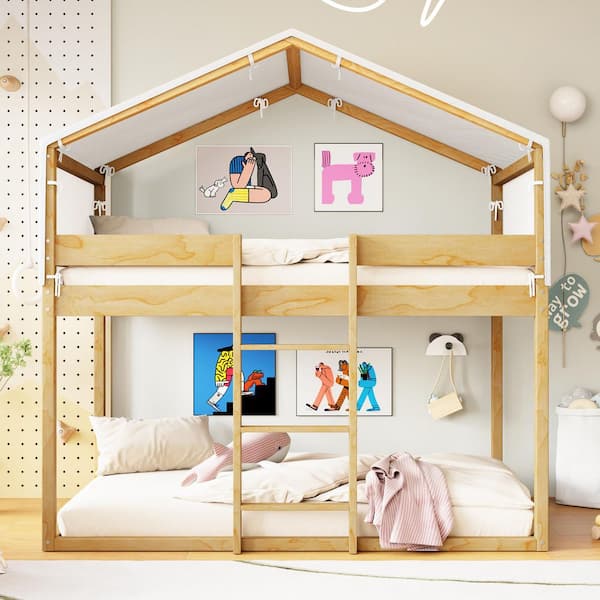 Harper & Bright Designs Natural Twin over Twin Wood House Bunk Bed with Removeable Tent