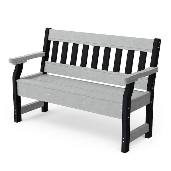 Heritage Light Gray and Black HDPE Plastic Outdoor Garden Bench