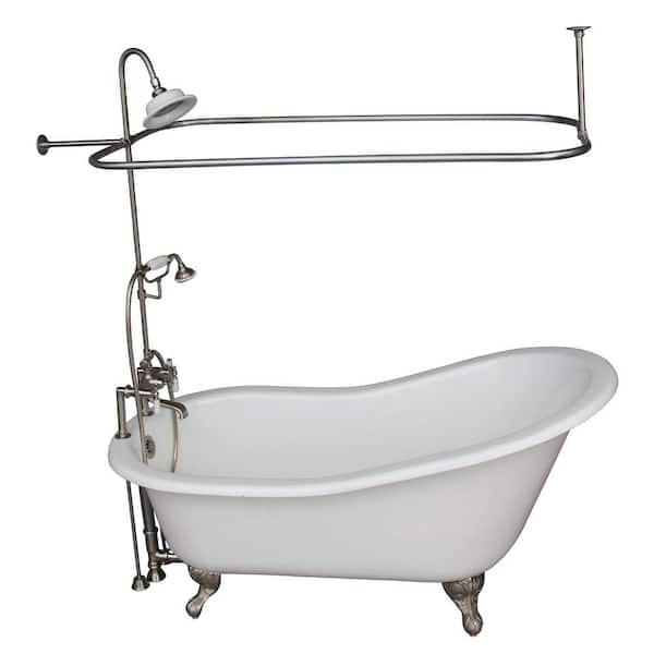 Barclay Products 5 ft. Cast Iron Ball and Claw Feet Slipper Tub in White with Brushed Nickel Accessories